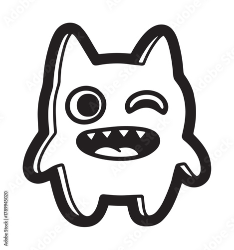 A funny cartoon monster character with a winking expression and sharp teeth. This cute and playful doodle icon is perfect for stickers, avatars, or kids branding