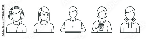 Collection of modern people avatar icons in a simple outline style. User profile symbols for website or app interface including student, freelancer and gamer characters