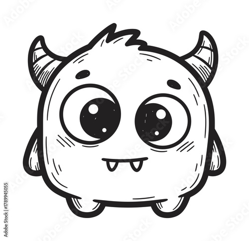 Cute monster character in a hand drawn doodle style. Funny little devil or alien mascot with horns and fangs. Black and white sketch for a children's sticker or coloring book