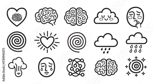 Mental health and psychology icon set with various emotional states. Minimal line art symbols for brain activity, feelings and mindfulness concepts for therapy and wellness design