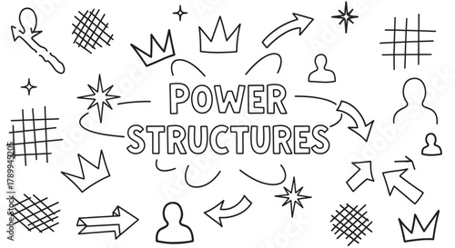 Power structures concept shown with hand drawn doodle icons. A mind map exploring hierarchy, influence, and social systems with crowns, arrows, and person symbols