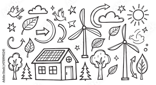 Hand drawn doodle set of ecology and renewable energy icons. Sustainable living concept with solar panels, wind turbines, and nature elements for environmental design