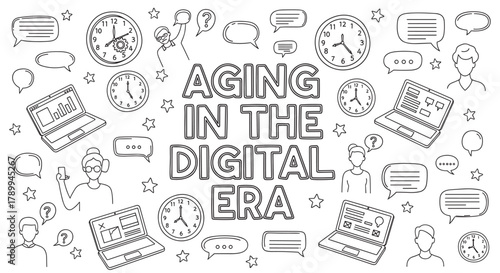 Aging in the digital era concept with senior people using technology. Doodle set showing laptops clocks and communication icons for digital literacy and elderly care topics