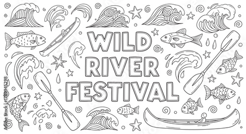 Doodle art collection for a wild river festival concept. Hand drawn set with canoe, kayak, fish, waves and paddles. Black and white outline design for coloring or event posters