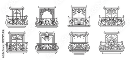 Collection of vintage art nouveau balcony designs with ornate wrought iron railings. Architectural elements set in a minimal outline style for exterior facade decoration