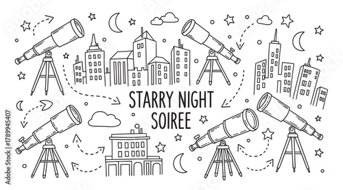 Doodle set for a starry night soiree event with telescopes and a city skyline. Hand drawn line art collection for an astronomy party invitation or coloring page
