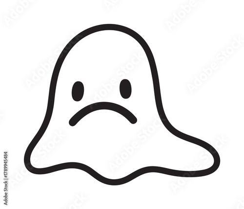 Sad ghost character icon with a frowning face expressing unhappiness. Minimalist halloween symbol for spooky designs or representing loneliness and depression concepts