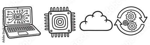 Hand drawn technology icon set for data processing and cloud computing. Doodle style symbols including a laptop, cpu, and automated workflow for web design presentations
