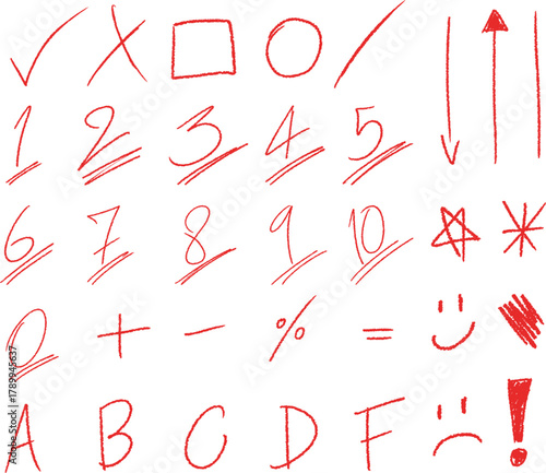 A set of school teacher test symbols and alphabets hand-drawn in red color. There are also grading elements for exam. Vector