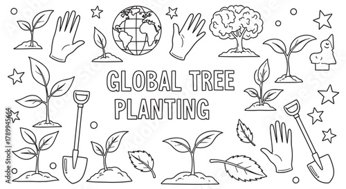 Global tree planting doodle set for environmental awareness. Hand drawn collection of ecology icons like seedlings, earth globe and shovel for conservation projects