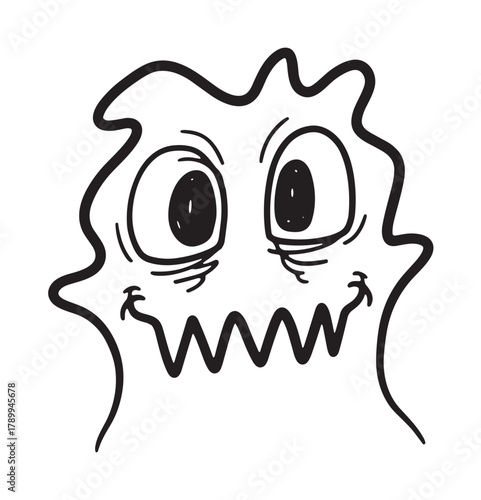 Hand drawn doodle of a silly monster character with a manic smile. Black and white line art of a goofy creature head with large eyes. Isolated graphic for comics or stickers