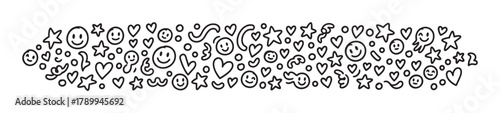 Hand drawn doodle banner with cute smiley faces, hearts, and stars. Monochrome line art pattern expressing happiness and positive emotions for fun graphic design projects