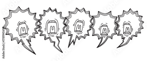 Set of hand drawn speech bubbles with screaming faces inside. Doodle style comic book elements for expressing anger, shouting, or protest in a graphic design project