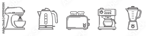 Kitchen appliances line icon set with various household equipment. Includes a mixer, kettle, toaster, coffee maker, and blender for cooking and beverage preparation