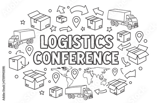 Logistics conference concept with doodle style icons for a global shipping event. Supply chain management and transportation elements like trucks, boxes, and a world map