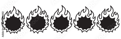 Set of five fire flame icons for a rating system. Hotness scale or spicy food level indicator for customer feedback, product review, and user interface design element