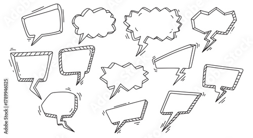 Hand drawn speech bubble collection in a doodle sketch style. Set of blank comic talk balloons and thought clouds with 3d effect. Empty chat box elements for dialogue or messages