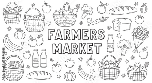 Hand drawn farmers market collection with organic food icons. Doodle set of fresh fruits vegetables bread milk and baskets for a healthy lifestyle or coloring book