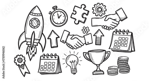 Hand drawn business startup icon set for marketing and development. Doodle collection of success symbols like rocket launch, handshake and trophy for finance and innovation concepts