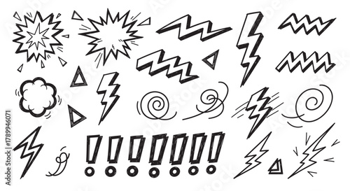 Collection of hand drawn comic book elements for expressing shock and energy. Doodle set of lightning bolts, explosion bursts, and exclamation marks for graphic design