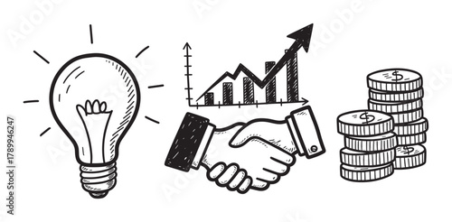 Creative business idea leading to a successful partnership and financial growth. Hand drawn doodle icons of a lightbulb, handshake, chart and coins for startup concepts