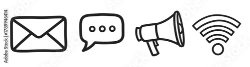 Hand drawn communication icons set for digital marketing. Includes email, chat bubble, megaphone, and wifi symbol for business promotion and online connection concepts