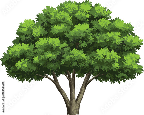 Deciduous tree illustration, dense green foliage, textured bark drawing, botanical sketch, forest design, ecology art, plant anatomy, greenery artwork, landscape concept, natural form