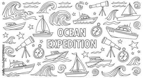 Ocean expedition doodle set with various boats, waves, and nautical elements. Hand drawn line art collection for coloring pages or adventure and travel themed designs