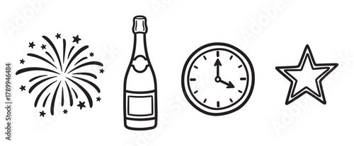 New year's eve celebration icon set with hand drawn elements. Includes fireworks, champagne bottle, midnight clock, and star symbol for holiday party invitations and decor