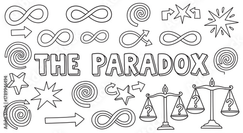 Conceptual doodle collection exploring the idea of a paradox. Abstract line art icons including infinity symbols, scales of justice, arrows, and spirals for creative use