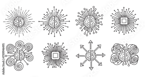 Artificial intelligence and human mind icon set in a minimalist line art style. Collection of brain, cpu, and neural network symbols for technology and innovation concepts