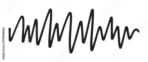 Hand drawn sound wave symbol for audio or music visualization. Abstract black waveform line representing frequency and amplitude. Minimalist graphic element for voice or pulse
