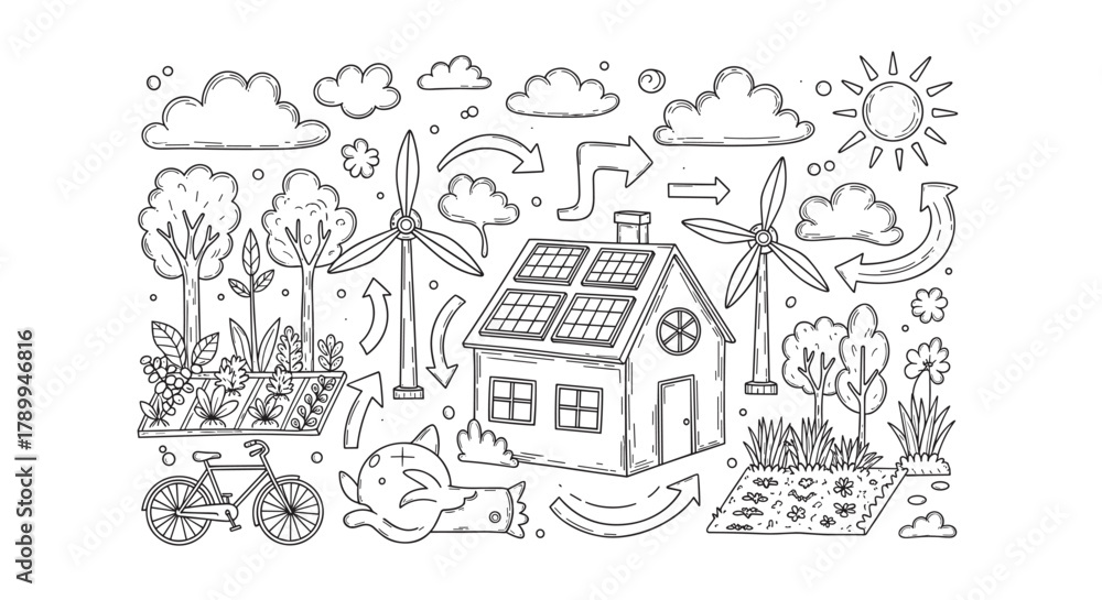 Obraz premium Hand drawn doodle set of ecology and sustainability elements. Concept of renewable energy with solar panels, wind turbines and a bicycle for a green lifestyle and conservation