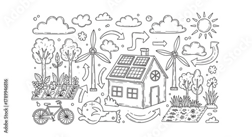 Hand drawn doodle set of ecology and sustainability elements. Concept of renewable energy with solar panels, wind turbines and a bicycle for a green lifestyle and conservation