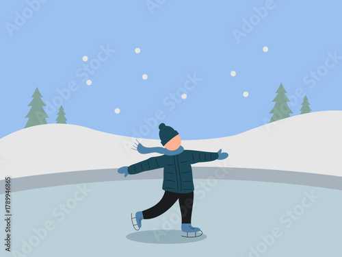 An illustration of a person wearing winter clothes and ice skates