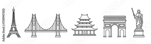 World landmarks icon set in a minimal outline style. Collection of famous international travel destinations like paris, san francisco, and asia for graphic design elements