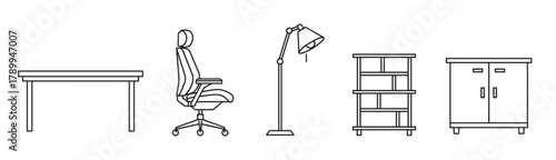 Office furniture icon set in a minimal line art style. Collection of workspace elements including a desk, chair, lamp, bookshelf and cabinet for interior design concepts
