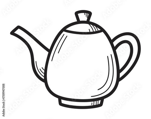 A classic teapot sketch with a bold black outline for brewing hot drinks. Minimalist hand drawn kitchenware element for cafe branding, menu design or coloring pages