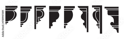 Collection of classic cornice profile silhouettes for architectural design. Set of decorative crown molding icons for interior and exterior elements and construction projects