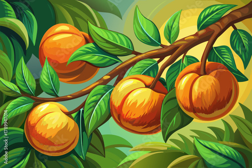 Golden peaches ripening on tree branch with fuzzy skin and green leaves in sunlight