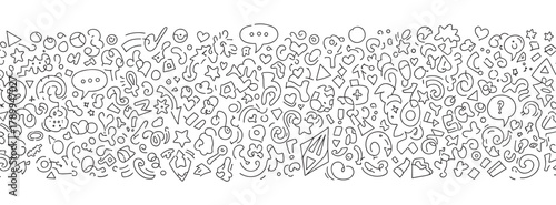 Abstract doodle pattern with various hand drawn shapes and symbols. Minimalist seamless border background for creative design projects or social media content
