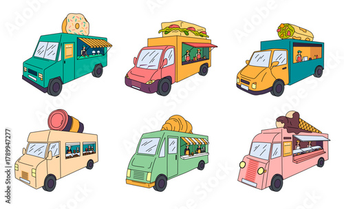 Cartoon Color Different Street Fast Food Trucks Set Kiosks Concept Flat Design Style with Elements Thin Line. Vector illustration of Festival Market Stall