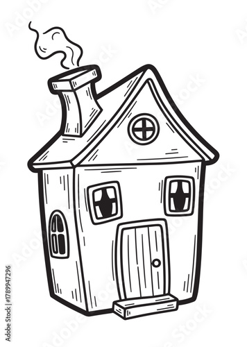 Whimsical doodle of a small cottage with smoke coming from the chimney. Black and white line art drawing perfect for a children's book or a cozy home concept icon
