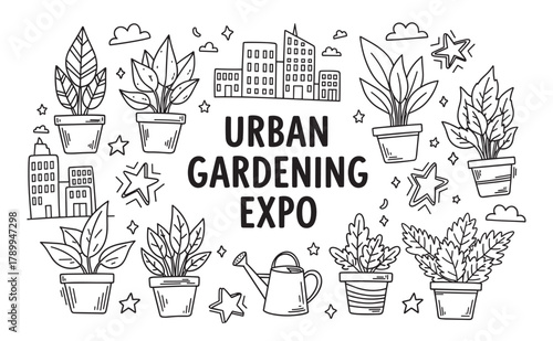 Urban gardening expo concept with potted plants and city buildings. Hand drawn doodle set for a community event, horticulture festival or plant market promotion