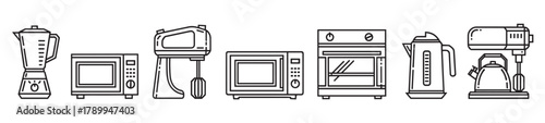 Collection of kitchen appliance icons in a minimalist outline style. Household equipment symbols including blender, microwave, and mixer for web or print design