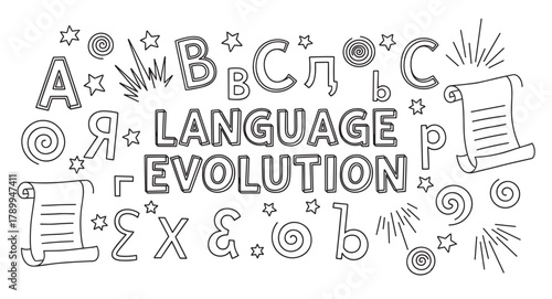 Language evolution concept with letters from different alphabets. Hand drawn doodle lettering for education or linguistic projects. Historical writing systems and typography design