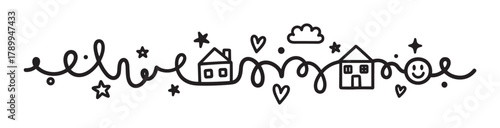 A whimsical hand drawn doodle banner with cute houses and hearts. Continuous line art representing a happy neighborhood and community for children's design or greeting cards