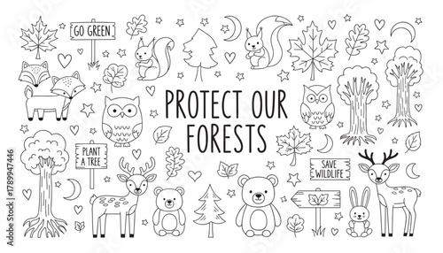 Protect our forests concept with cute woodland animal doodles. A hand drawn set of conservation icons for ecology awareness including a bear, fox, deer, and trees for coloring