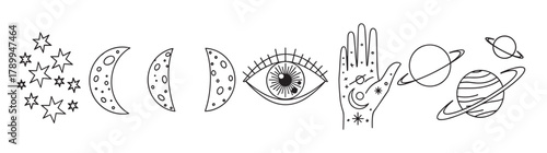 Mystical celestial icon set with moon phases, all seeing eye, and planets. Bohemian line art collection for astrology, magic, and spiritual design elements