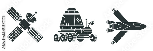 Space exploration icon set with a satellite, rover and spaceship. Collection of futuristic technology and cosmic travel symbols for graphic design and web elements